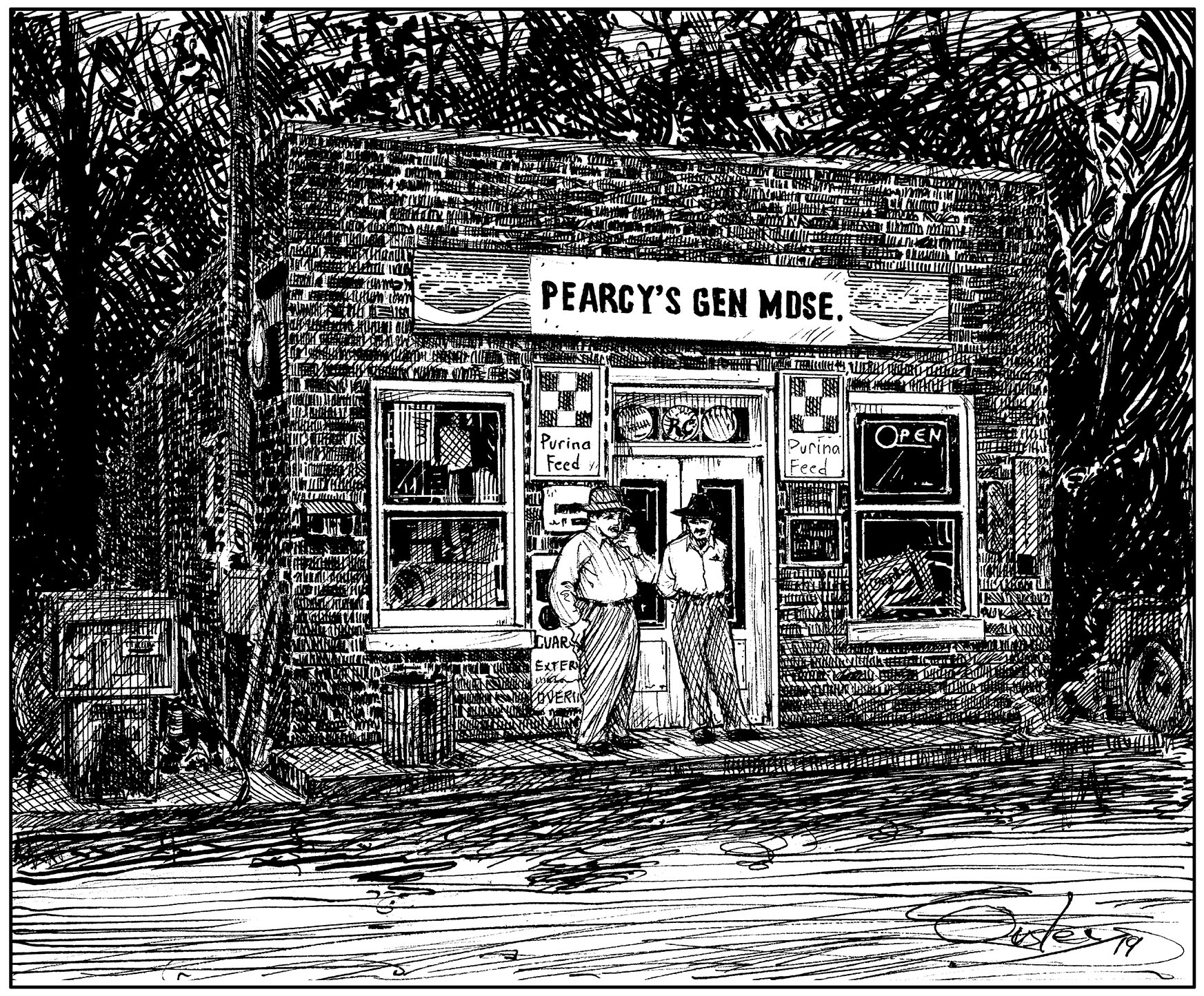 pen and ink drawing of Pearcy's General Store in Lascassas Tennessee
