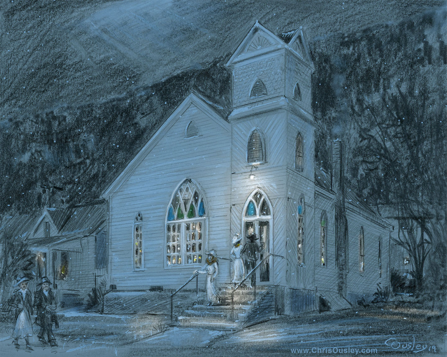Methodist Church in Cumberland Gap on a Winter Night (Print)